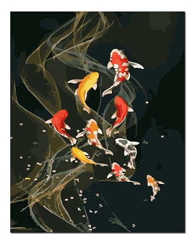 Kit peinture par numéros 9 poissons rouges Shukqueen 40x50cm avec cadre bois