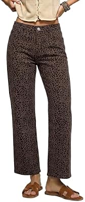Luvamia Women's Wide Leg High Waisted Leopard Print Jeans – Stretchy Tummy Control Ankle Pants, Size...