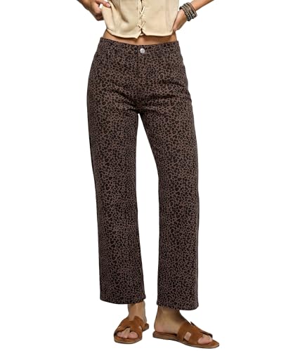 luvamia Wide Leg Jeans Woman Trendy High Waisted Leopard Cheetah Animal Print Pants for Women Ankle Length Stretchy Womens Jeans Trending Cowgirl Western Mini Brown Leopard Size Medium 8 to 10