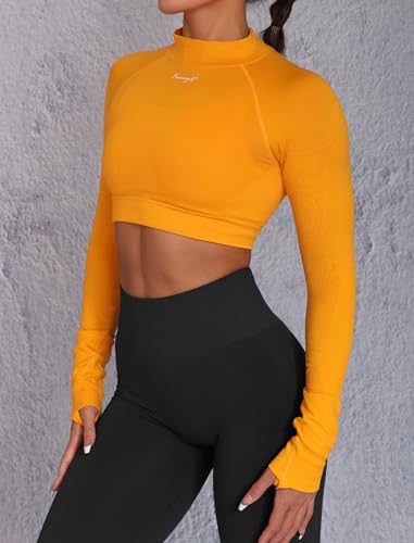 FRESOUGHT Tops cropped de manga comprida para treino, sem costura, atlético, sem costura, para acade