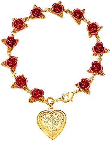 U7 Cute Rose Floral Chain Bracelet 18K Gold Plated Link 12 Fresh Red Roses Chain Bracelets with Heart Locket that Holds Picture Photo, Valentines Gift for Women Girls, 7.5 Inch