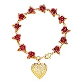 U7 Cute Rose Floral Chain Bracelet 18K Gold Plated Link 12 Fresh Red Roses Chain Bracelets with Heart Locket that Holds Picture Photo, Valentines Gift for Women, 7.5 Inch
