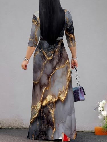 Image of Plus Size Dresses for Women Print Maxi Dresses 3 /4 Sleeve with Belt