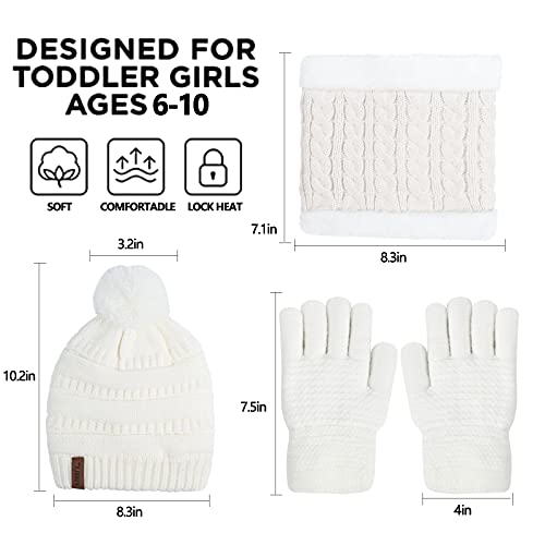 Kids Winter Beanie Hat Toddler Gloves Girl Boy Infinity Scarf Youth Neck Warmer Warm Fleece Pom Cap White Thermal Knit Set 6-10 Years Old, Gorros Gorras Bufandas Para Niñas Niños, Gift For Childrens #TOP5