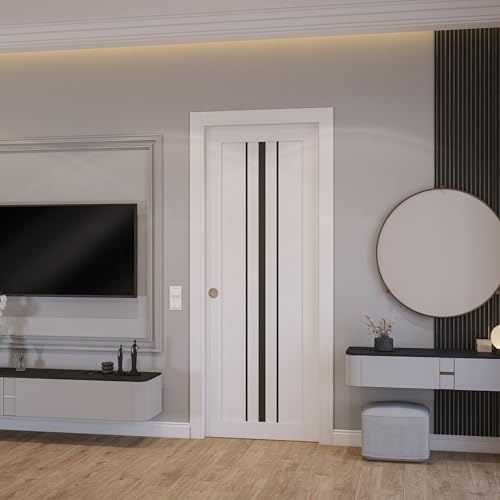 Image of Sartodoors Interior Door 3094 Slab White with Black Opaque Glass Solid MDF Modern Design 36 x 84 in