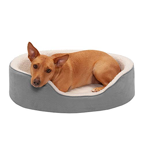 Furhaven Orthopedic Pet Bed for Dogs and Cats - Sherpa and Suede Oval Cuddler Dog Bed with Removable Washable Cover Gray Large