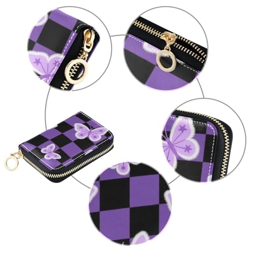 Butterflies Black Purple Checkered Pattern leather small credit card wallet With 2 cash slot RFID Blocking credit card holders with zipper3