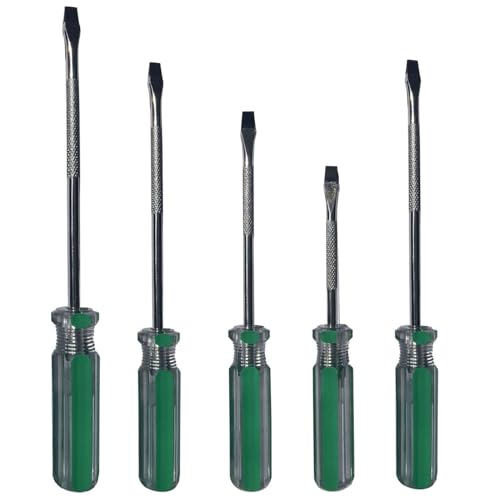 Juego de 5 destornilladores de cabeza plano, 5 mm de diámetro, 3 longitudes: 5 x 75 mm, 5 x 100 mm, 5 x 125 mm, destornillador plano con puntas magnéticas, mango estable