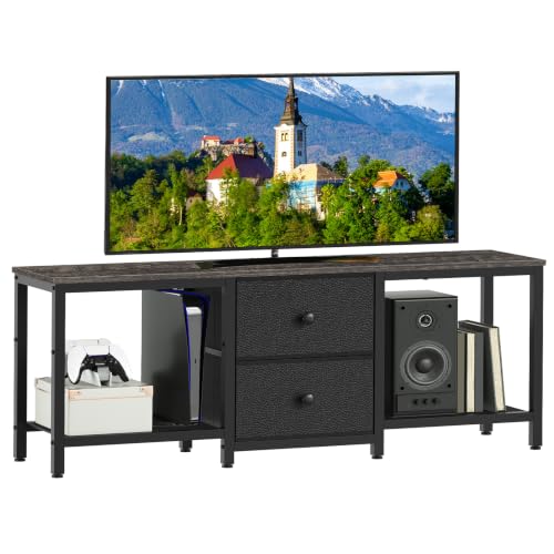 YATINEY TV Stand for TVs up to 55", Entertainment Center with 2 Fabric Drawer, Media Console with Shelves, Television Stands for Living Room, Bedroom, Charcoal Grey and Black DS02BC
