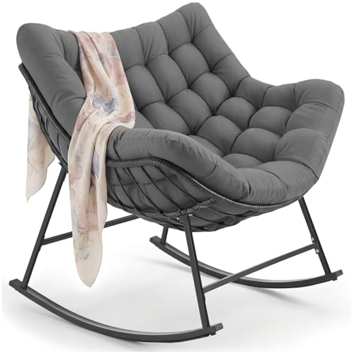 tectake® Fauteuil à Bascule 93x99.5x89 cm, Rembourrage épais avec Motif matelassé, Résistant aux intempéries, Max. 120kg, Structure en Acier, Assise en...