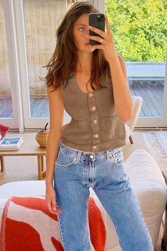 Image of Yousify Womens Sweater Vest Summer Ribbed Tank Tops Sleeveless Button Down Shirts Scoop Neck Top for Women