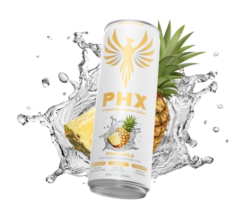 Image of PHX Hydration Energy Drink - 700mg Electrolytes, 200mg Natural Green Tea Caffeine, 100% Daily Value 8 Essential Vitamins - 12 oz Cans (12 Pack, Pineapple)