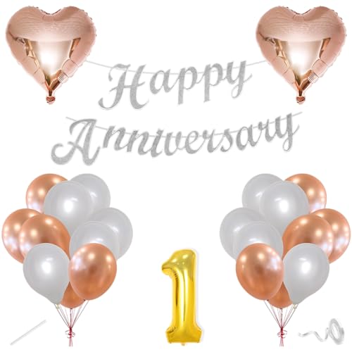 Image of Flyloons 1st Happy Anniversary Decoration Items Rose Gold White for Men Women Husband Wife Mom Dad Parent Couple Home Bedroom Car With 20 Pcs Metallic Balloons Anniversary Banner 2 Pcs Heart Set Kit