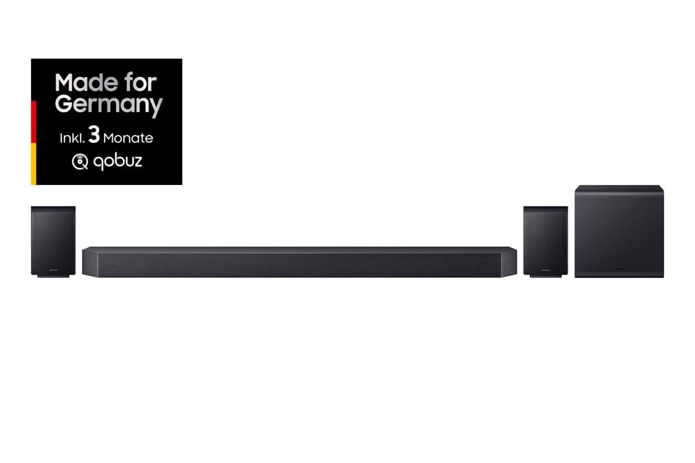 Samsung HW-Q995GF Q-Series 11.1.4-Kanal-Soundbar für Fernseher, Kabelloser 8"-Dual-Subwoofer, 4.0.2-Kanal-Rücklautsprecher, Kabelloses Dolby Atmos und DTS:X, SpaceFit Sound Pro, Q-Symphony