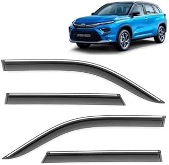 Car Compatible Wind Deflectors Rain Guard Door Visor for Toyota Urban Cruiser Hyryder (2022 Onwards Model) - Chrome Lined, Polycarbonate, Smoke, Set of 4 Pcs