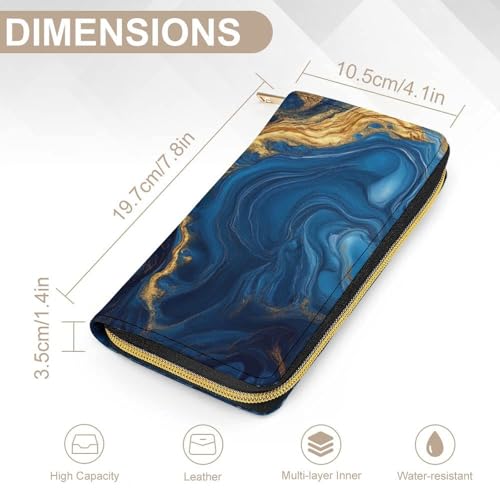 Girl's Travel Purse Fashion Design, Huge Storage Capacity Purse, Cute Decor Wallet, Long PU Zipper Wallet Luxury Marble Texture Gold And Blue2