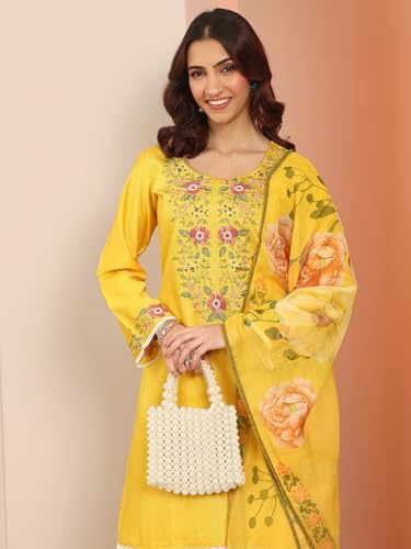 Image of Libas Embroidered Silk blend Straight Kurta With Trouser and Dupatta | ethnic wear | bridal suit | wedding dress | occasion wear