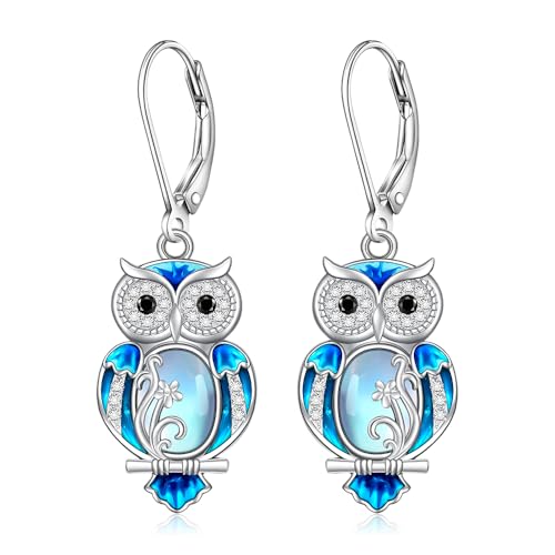 Owl Gifts Owl Earrings for Women Sterling Silver Blue Enamel Oval Moonstone Earrings Dangle Halloween Jewelry Gifts