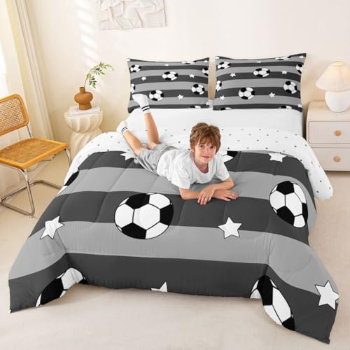 Image of Feelyou Soccer Comforter Set King Size Kids Football Pattern Games Bedding Set for Boys Girls Sports Theme Grey Geometric Stripes Duvet Quilt Room Decor