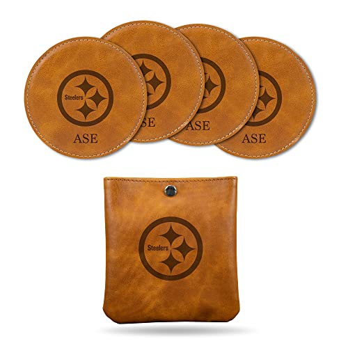 Rico Industries Nfl Football Pittsburgh Steelers Brown Personalized Faux Leather Laser Engraved 4-Pack Coaster Set With Pouch - Great Beverage Accessory For Game Day #TOP6