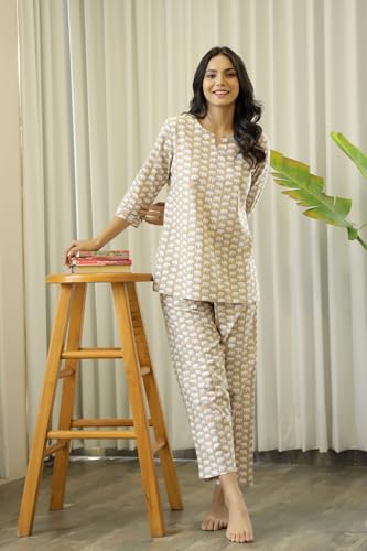 Image of SANSKRUTIHOMES Women's Premium 100% Cotton Printed Co-Ord Set | Short Sleeve Shirt & Pant Set | Pink Checkered Sun & Palm Tree Print | Casual Summer Resortwear, Vacation Wear & Comfortable Loungewear