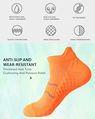 Mens Orange Ankle Socks 5 Pairs Athletic Running Socks Towel Bottom Shock Absorbing Breathable Low Cut Socks 8-133