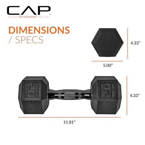 Image of CAP Rubber Coated Dumbbell Weights, Free Weights for Home Gym Strength Training, Anti-Roll Hex Dumbbells with Black, Chrome & Comfort Grip Handles, Singles