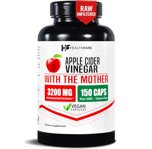 HealthFare Apple Cider Vinegar Capsules with the Mother | 3200mg Raw, Organic & Unfiltered ACV | 150 Vegan Pills | Maximum Strength Supplement for Detox & Digestion | Non-GMO, Gluten-Free, Made in USA