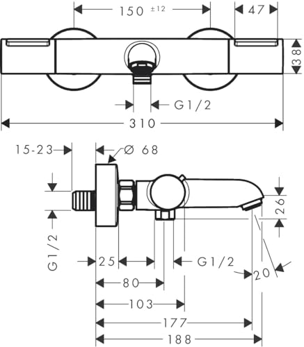 hansgrohe Ecostat Element - Wannenthermostat Aufputz, Wannenarmatur mit Sicherheitssperre (SafetyStop) bei 40° C, Thermostat für die Badewanne, Mischbatterie für 2 Verbraucher, Chrom, 13347000