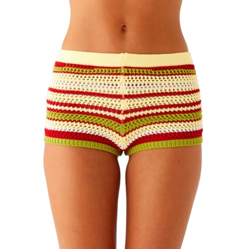 Image of Edhomenn Women's Striped Knit Shorts Low Rise Slim Fit Straight Leg Casual Going Out Beach Streetwear (09 Yellow, S)