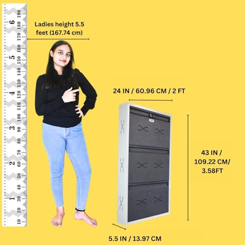 Image of I Metal Shoe Rack I Slim and Wall Mounted I 3 Shelves (Grey Colour) I Coad LC 2M-03 GR I Height 43 Inches, Width 24 Inches, Depth 5.5 Inches I 3 Years Warranty.