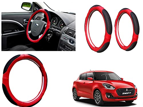 Image of Microfiber Car Steering Wheel Cover, Soft Padding Great Hand Feel, Anti-Slip, Faux Leather Steering Cover for Maruti Suzuki Swift 2018 | Black Red Jali - Pack of 1