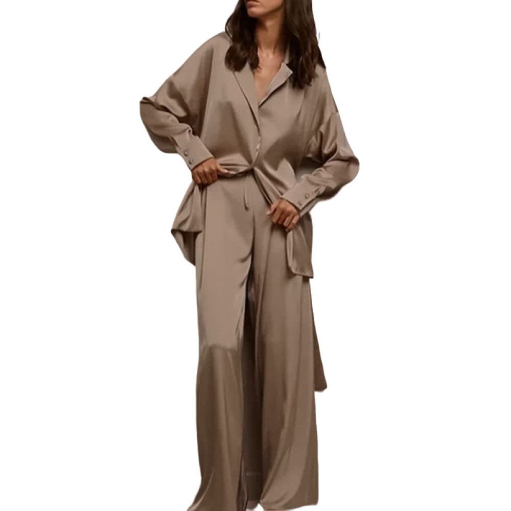 LUKX Morgenmantel Damen Leicht,Zweiteiler Satin Bademantel Brauner Kimono Robe Einfacher V-Ausschnitt Morgenmantel Leichtes Kurzes Nachthemd Hose Pyjama Set Braut Morgenmantel Bademantel Damen