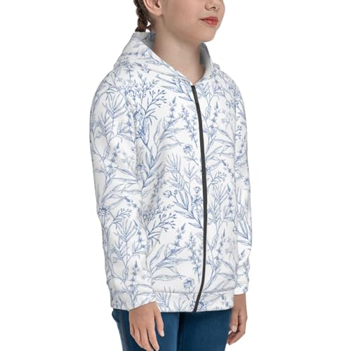 Blue Herb and Leaf Kids Pullover Hoodies Boys Zip Up Sweatshirts Girls Athletic Clothes with Pocket4