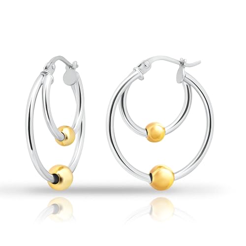 Hoops & Loops 925 Sterling Silver 25mm High Polished Beaded Double Hoop Earrings for Women