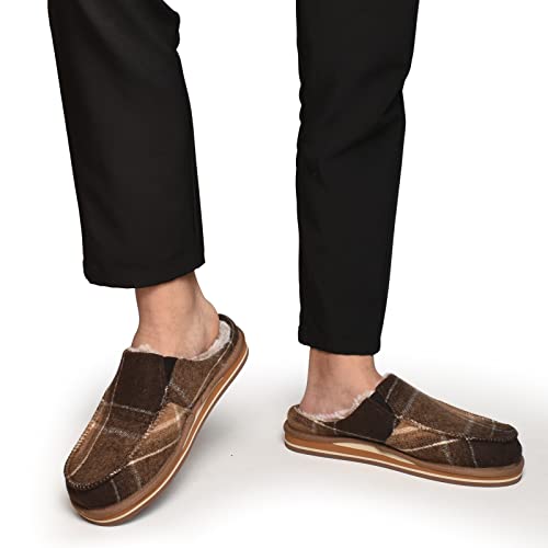 Oncai Mens Slippers, Cotton-Blend High-Density Memory Foam With Orthotic Arch Support House Slippers Warm Stripe Cozy Faux Fur Clogs Slip-On Indoor Outdoor Rubber Sole Fade Brown Size 12 #TOP1