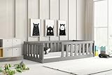 Interbeds Lit au Sol Bella Lit Enfant Montessori avec Barrière de Sécurité et Sommier à Lattes, Bois Massif Pin (Gris, 80x160)