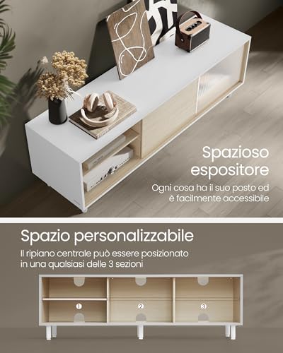 VASAGLE Mobile TV per Televisore fino a 32/45/50/55/60 Pollici, Montaggio Rapido Senza Attrezzi Toolless, per Soggiorno, Vetro Scanalato, Moderno, 140 x 39 x 45 cm, Bianco LTV466W01 - Immagine 3