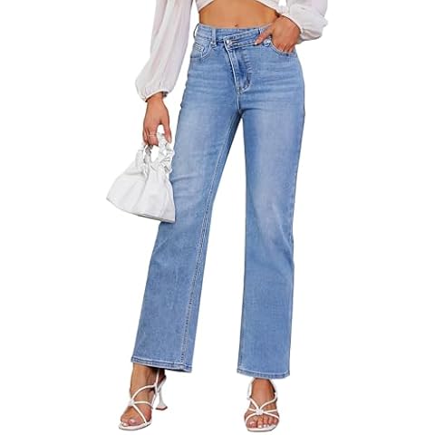Genleck Wide Leg Jeans for Women – High Waisted Crossover Jeans Stretch Boyfriend Jeans Crisscross Y2K 90s Denim Pants Cover
