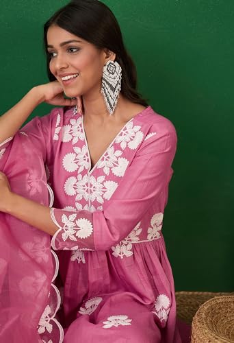 SheWill Women's Silk Blend Chain Work Embroidered A Line Kurta with Pant Set For Wedding, Ethnic Wear