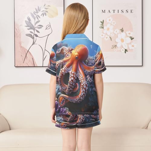 ALAZA 3d Octopus Ocean Sea Satin Pajamas Set Short Sleeve Button Down Sleepwear Summer Pjs 2 Piece4