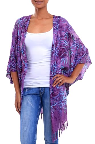 NOVICA Artisan Handmade Batik Rayon Kimono Jacket Leaf Motif in Wisteria from Bali Clothing Purple Blue Printed Indonesia Tree Bohemian ' Denpasar Lady in Wisteria'