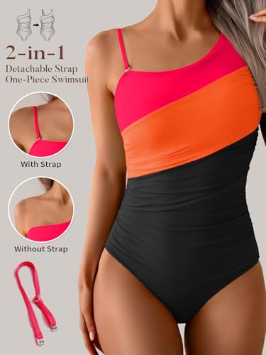 Image of Aidonger One Shoulder One Piece Swimsuit for Women Tummy Control Bathing Suits Color Block Ruched Swim Suit Slimming Swimwear