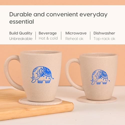 Image of Eha Earth-Friendly Wedding Gifts for Couple | Gifts Made with Rice Husk Biocomposite | Elephant Printed Mug and Coasters Set of 2, Keychain, Loopac Box | 300 ml | Sand Castle