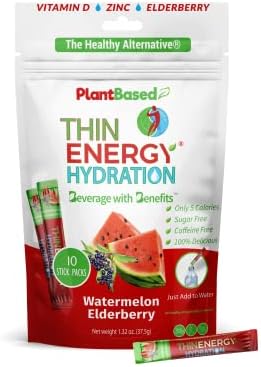 Thin Energy Hydration Powder Packets | Watermelon Elderberry | 10 Sticks | Plant Based Drink Mix | Electrolyte Powder for Adults | Sugar & Caffeine Free | Vitamins & Minerals | Keto Friendly