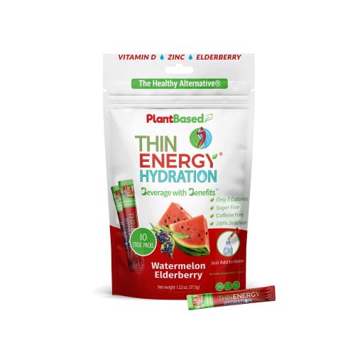 Thin Energy Hydration Powder Packets | Watermelon Elderberry | 10 Sticks | Plant Based Drink Mix | Electrolyte Powder For Adults | Sugar & Caffeine Free | Vitamins & Minerals | Keto Friendly #TOP26