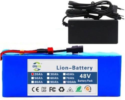 Batería de iones de litio de 48 V para bicicleta eléctrica, 20 Ah, 60 Ah, 90 Ah, 100 Ah, batería para bicicleta eléctrica y patinete con cargador para motores de 1000 W, 750 W y 500 W. 48V 20Ah,T+DC