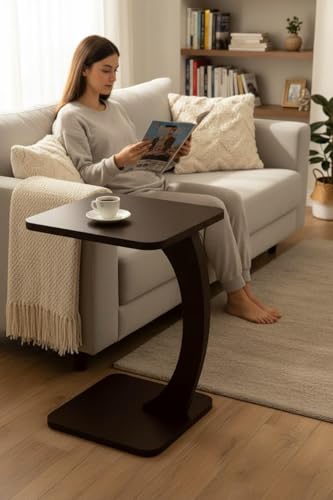 Image of Modern C-Shaped Side Table for Sofa & Bed - Multi-Purpose Laptop Table, Snack Holder, Book & Plant Stand - Compact & Sturdy Bedside Table (Black1)