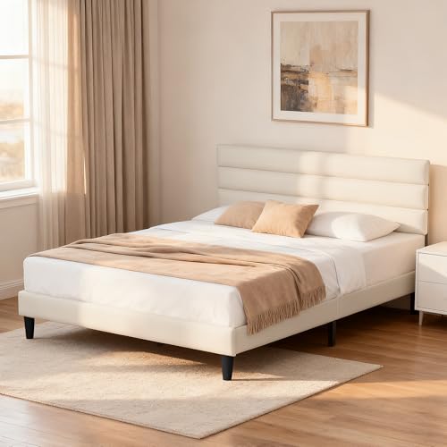 WWI Queen Bed Frame with Velvet Upholstered Bed Headboard Sturdy Metal Support Beige Marshmallow Bed Base Modern Bedroom Furniture