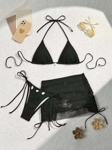 SISKIN Bikini Sets for Women, 3 Piece Swimsuits for Women, Beach Vacation Sexy Tie Mesh Crochet Shell Solid Color Bikini2